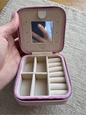 Pink Velvet Small Jewelry Box with mirror Travel size zipper closure